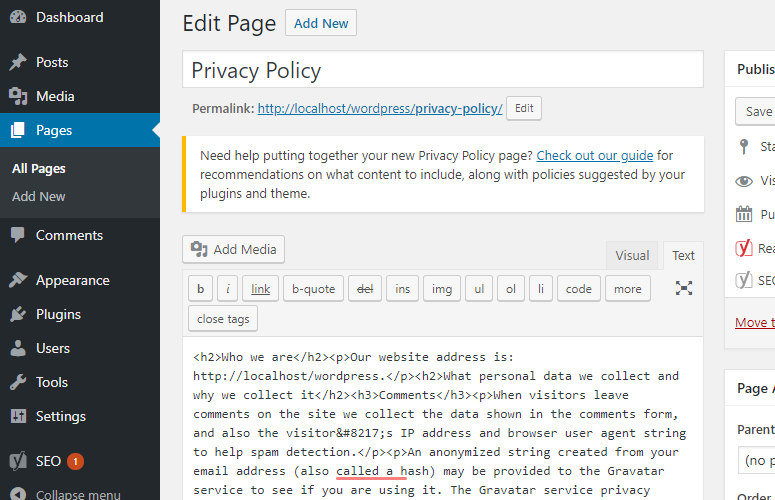 create privacy policy in wordpress