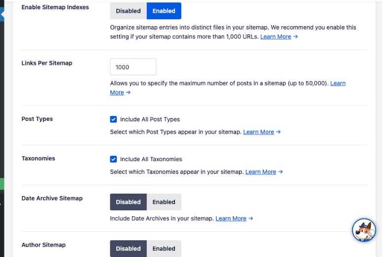 sitemap settings