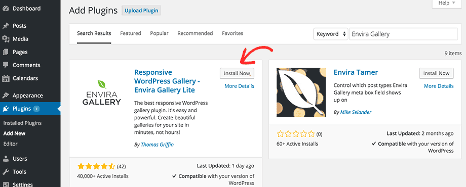 Installing plugin using search feature in WordPress admin area