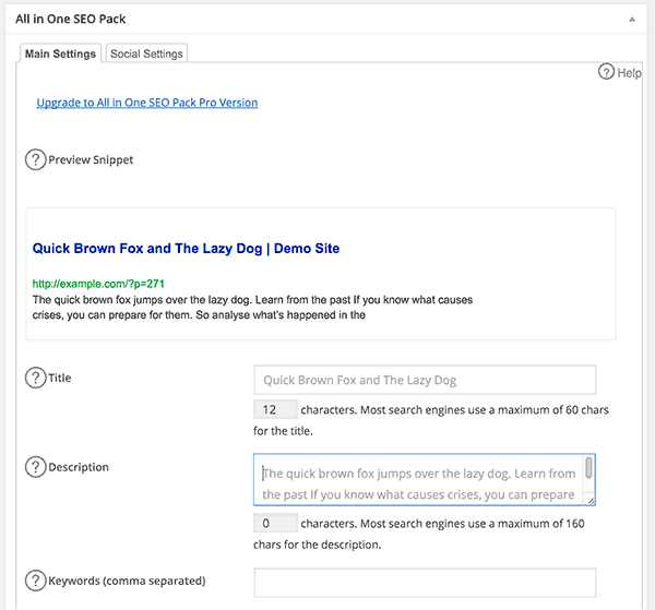 All in one SEO Pack post settings