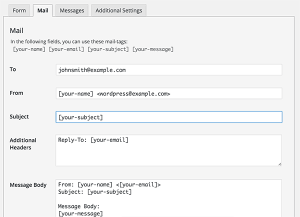 Mail settings in Contact Form 7