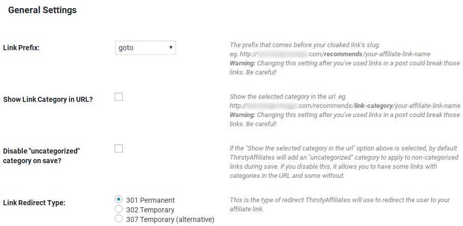 ThirstyAffiliates Review - settings
