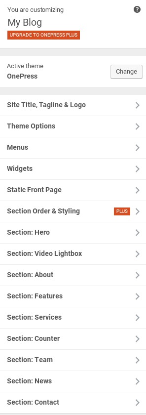 OnePress Review - theme options menu