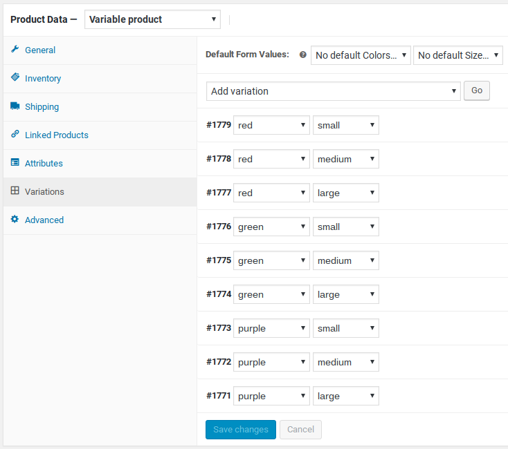 WooCommerce variations list
