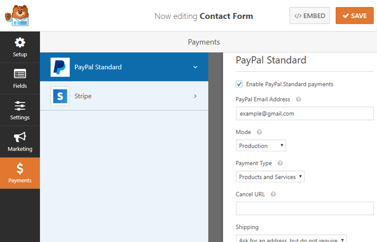 payments tab wpforms