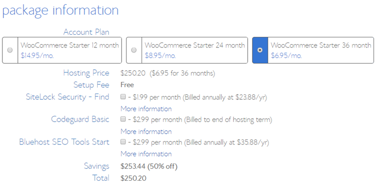 bluehost package information