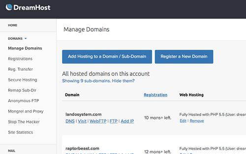 dreamhost manage domains