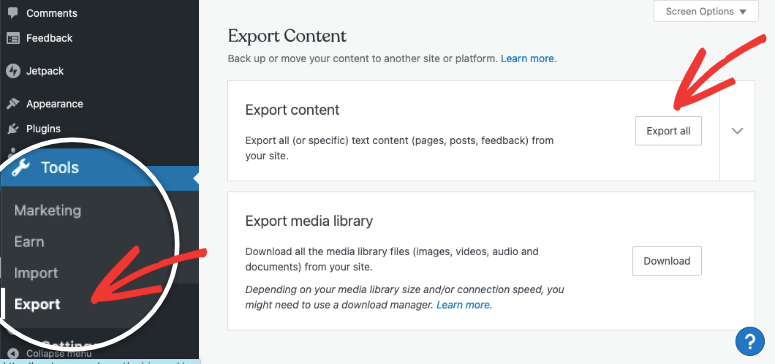 export content on wordpress com