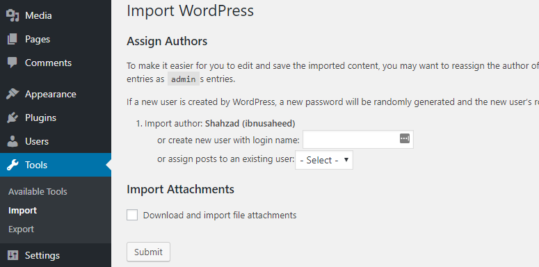 import wordpress and assign authors