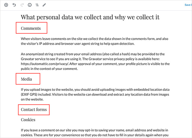 privacy policy sample with sections