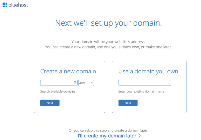 seleccione un dominio en bluehost