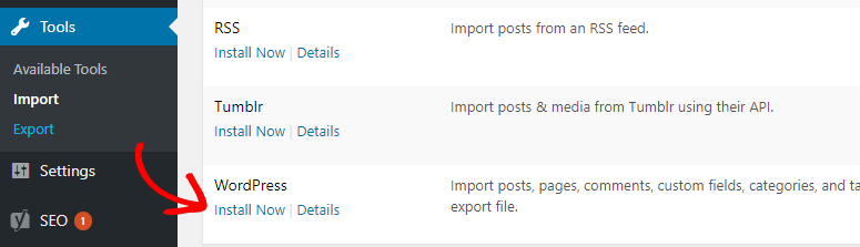 wordpress import install