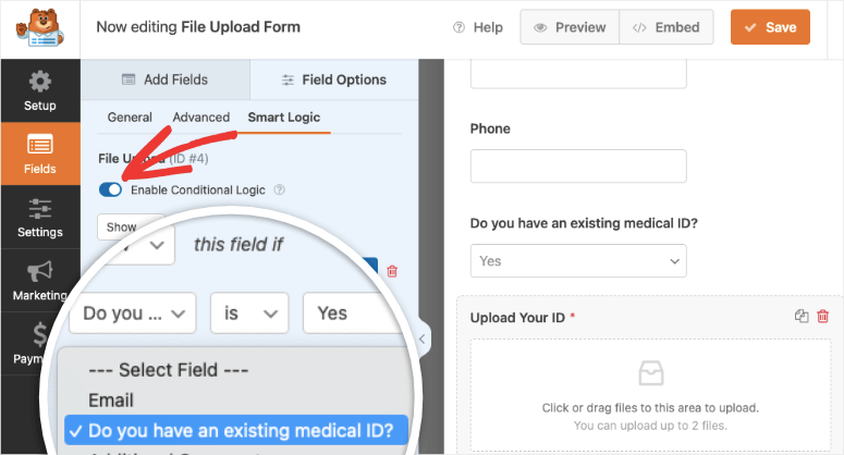 conditional logic in file upload form