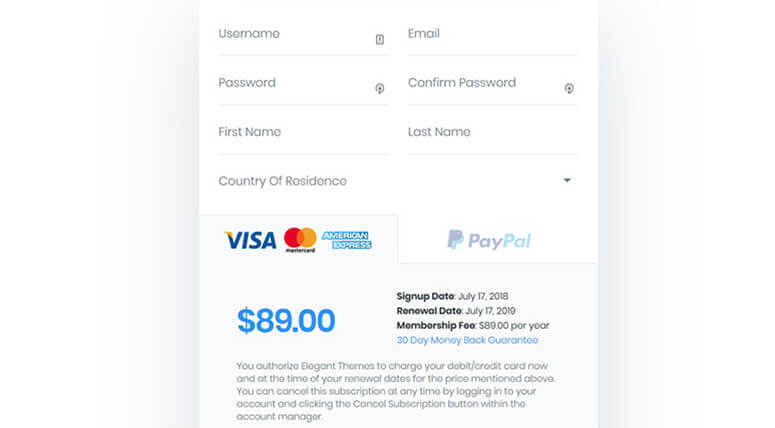 Create account at Elegant Themes