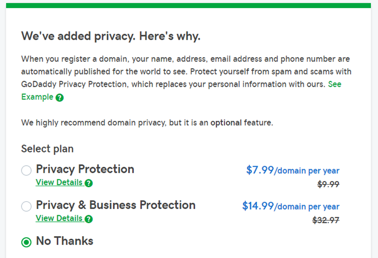 domain name registration no addons