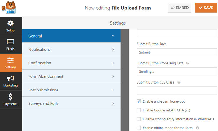 file upload form general settings