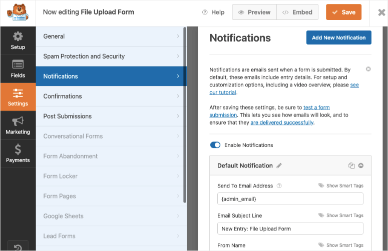 file upload form notifications