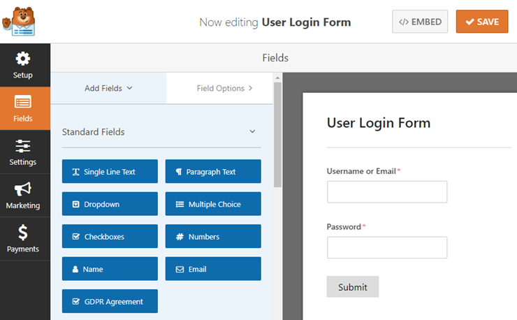 formulário de login do usuário no wordpress