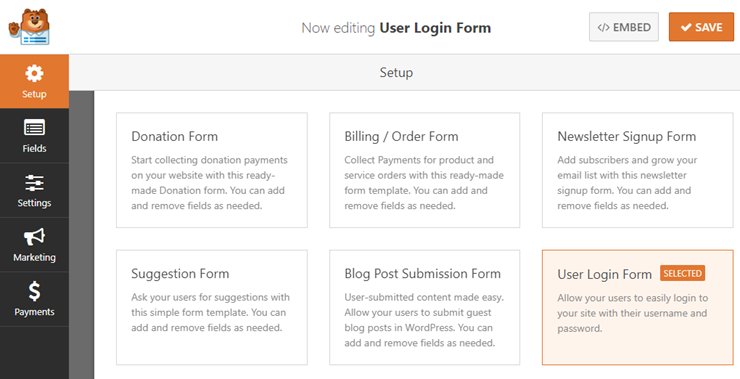 user login form template