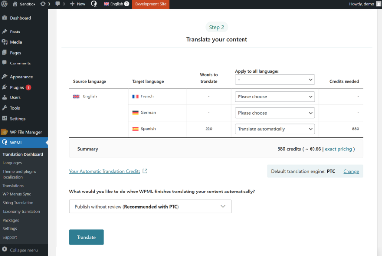 wpml translation dashboard languages