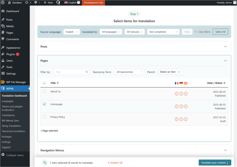 wpml translation dashboard
