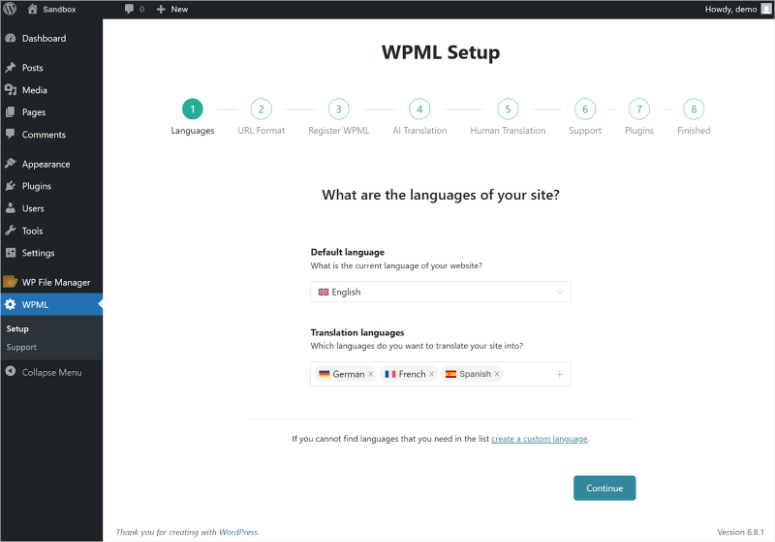 wpml wizard step 1 languages