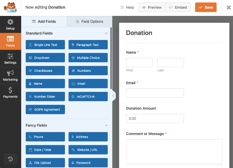 default donation form template