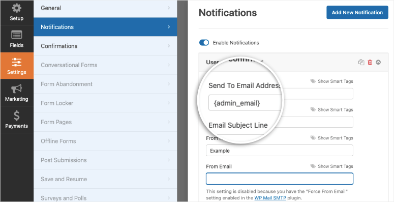 admin email notification in wpforms