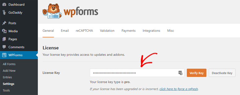 WPForms license key