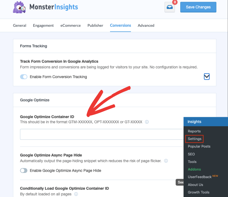 add google optimize id in monsterinsights