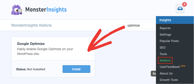 monsterinsight google optimize addon