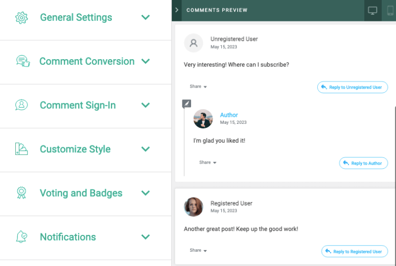Thrive comments settings and preview