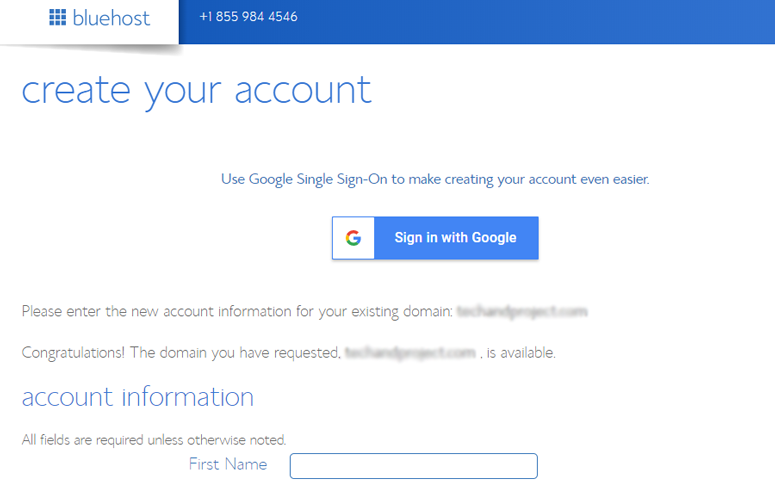 Bluehost account creation