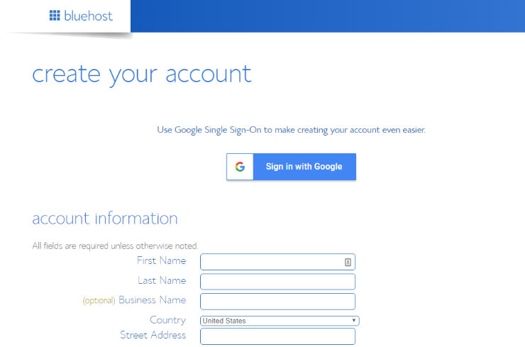 bluehost-account-creation