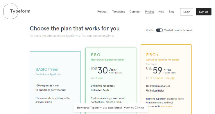 Typeform pricing