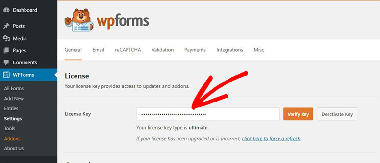 Página de licencia de WPForms