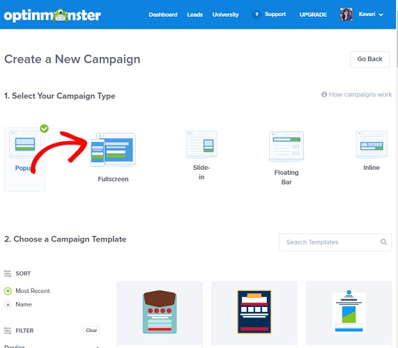 Campaign type and template optinmonster