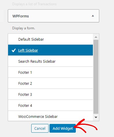 Left sidebar widget, WPForms