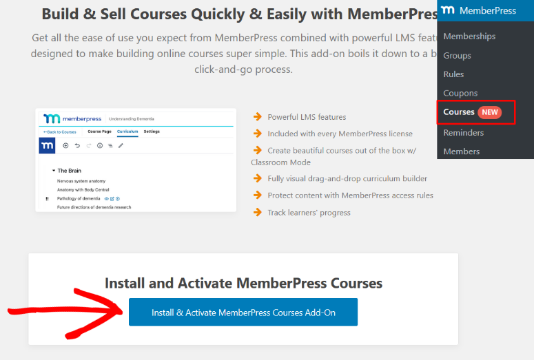 activate memberpress courses addon