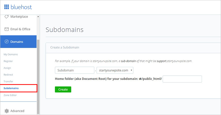 Create subdomain