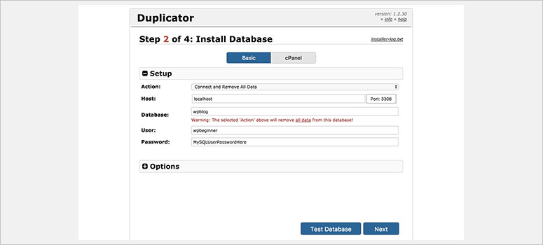 Duplicator Install Database