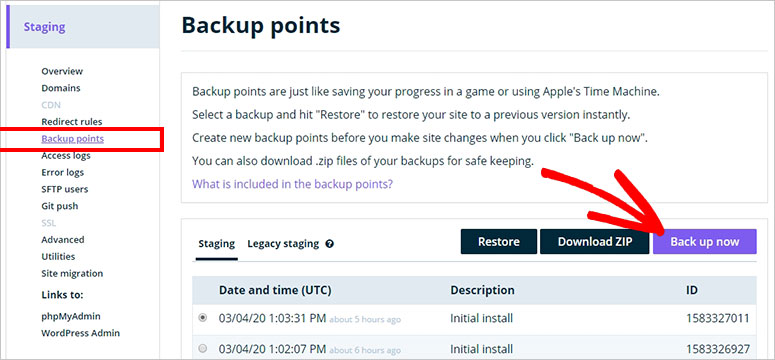 WP Engine Backup Points