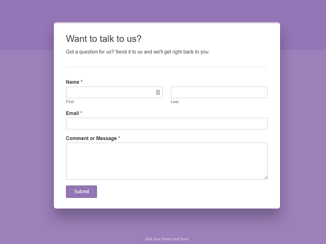 PReview forms landing page, google forms styled form