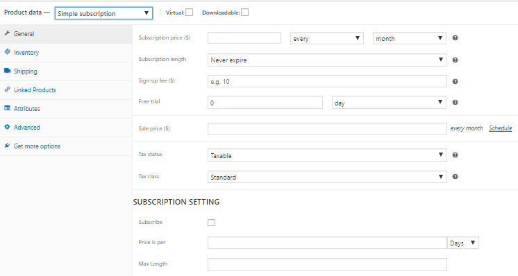 Subscription settings, woocommerce for subscription