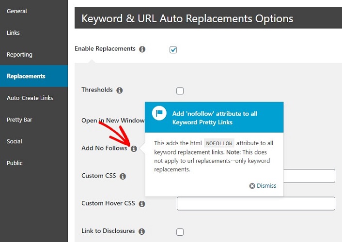 Pretty Links pro replacement settings