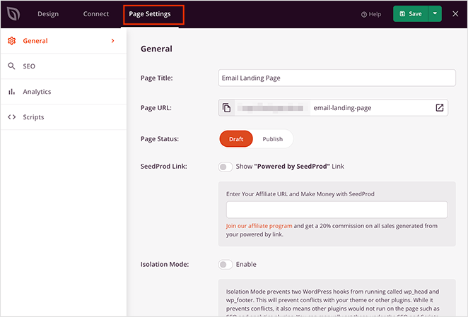 configure page settings