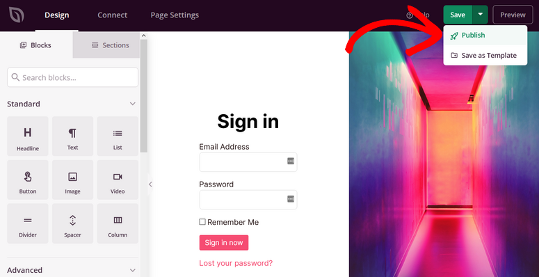 click the publish button to make your login page live