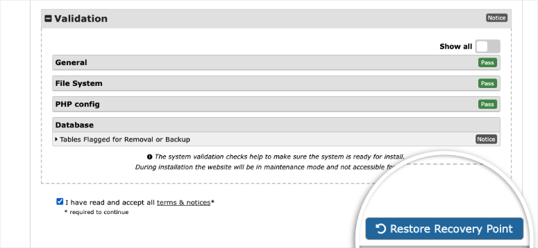 restore recovery point in duplicator