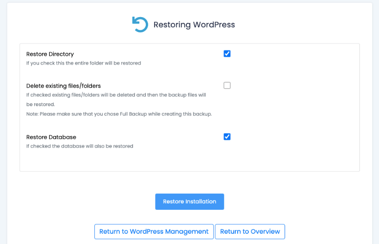 restore wordpress installation