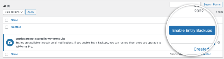 enable entry backups